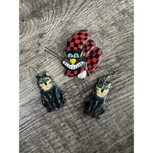 Kelly Graham Cheshire Cat Brooch Estate Folk Art Wood Black Kitty Lot Vintage